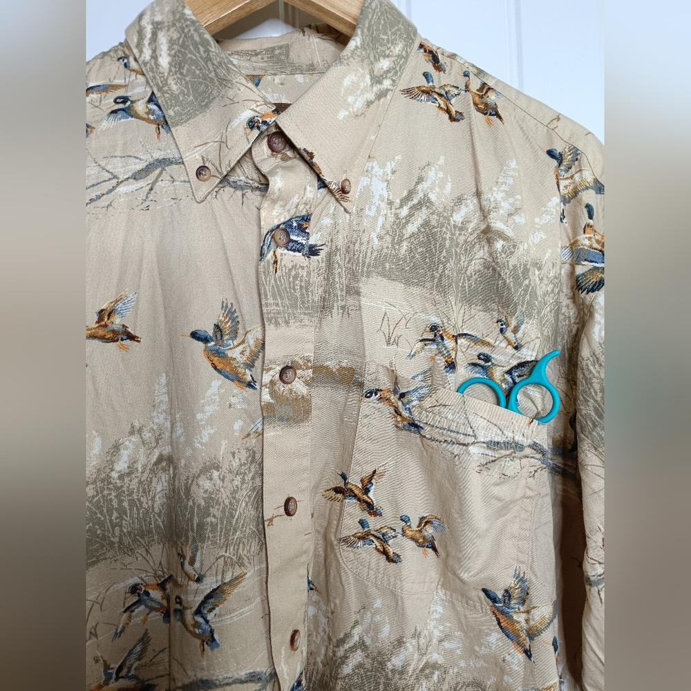 100% Cotton Duck Head Sz Large Button Down Hunting Nature Birds Western Outdoor
